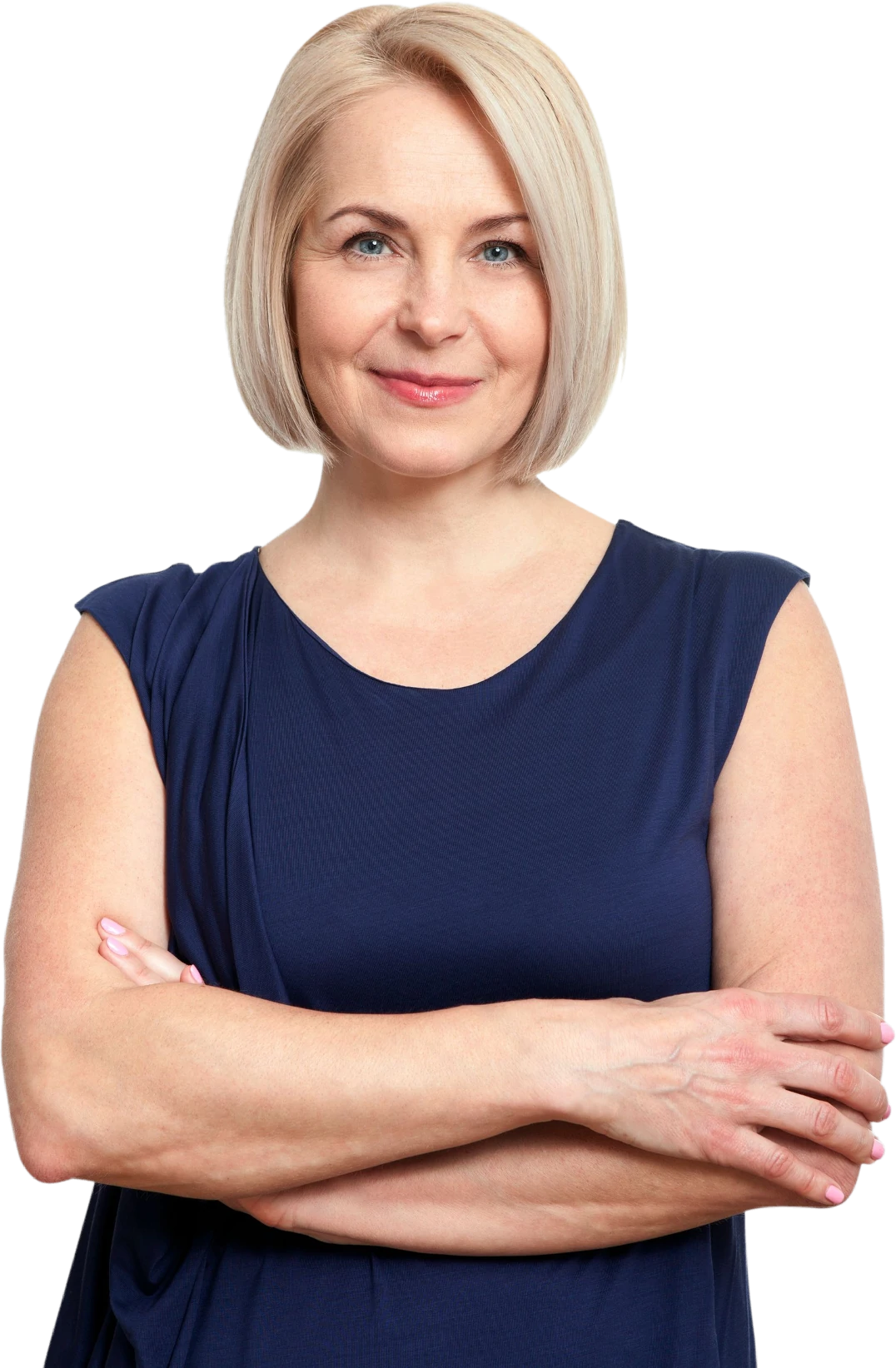Woman with short hair in blue shirt